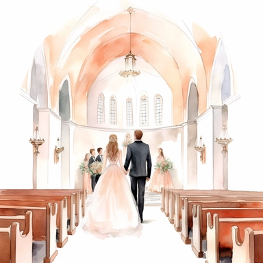 Wedding Watercolor, brides and groom in church in clipart on white background, peach color palette