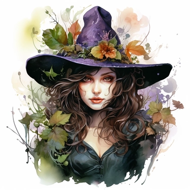 clipart a fantasy herbal witch with hat, with watercolor accents highlighting her mysterious charm