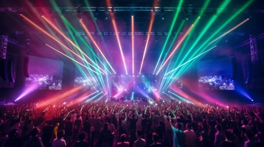 Party with amazing light show. Stage in the background, 50 people dancing in front of the stage. Main color = RGB #006F73. Secondary color = RGB #FAA61A. Tertiary color = RGB #C72E23. Seen from 20 meters distance. 70mm lens on Sony a7Riii. 2D clipart graphic. Simplistic. Realistic shadows.