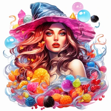 Sharp Illustration of a fantasy sweet candy witch clipart aginst white background in watercolor style, majestic scene, beautiful witch, sweets, vibrant colors, bubble gum, colorful candies, illustration style, vibrant colors, unreal engine 5, detailed illustration, high resolution, high quality, solid white background