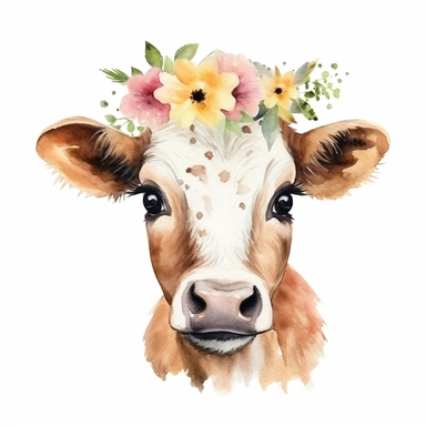 Cute watercolor whole baby cow clipart with flower, nursery art style, white background