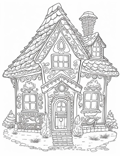 gingerbread house, clip art, coloring page, simple, line art, isolated on white background