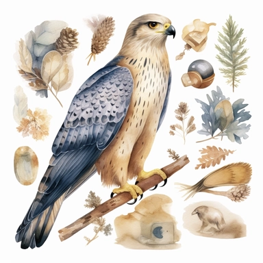An endearing watercolor Falcon bird clipart of Falcon bird playing with elements 300DPI