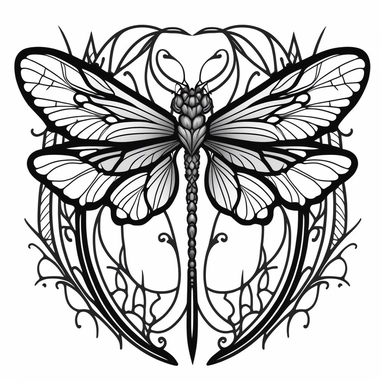 dragonfly fairy wings in art nouveau style, black lines, detailed, flat design, white background, clipart style, black and white,