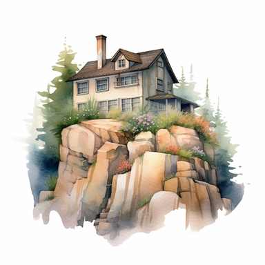 watercolor cottage house on stones cliff wildflowers clipart, far away mountains, subdued colors