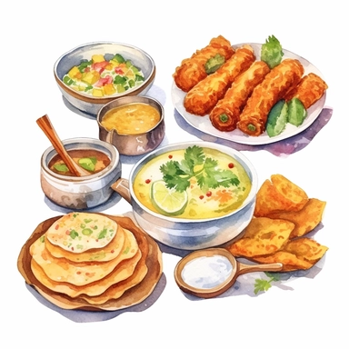 watercolor clipart illustration on a white background of Indian Cuisine: Depictions of traditional Indian wedding foods, such as biryani, samosas, or sweets like jalebis.