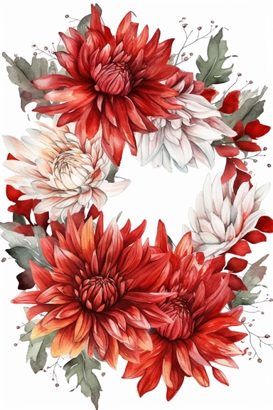 Halloween clipart, red chrysanthemum flower Delicate watercolor illustration, White background, Cozy, clear picture, 8k, hd, isolatee on a white background, Wreath, Frame Clip Art