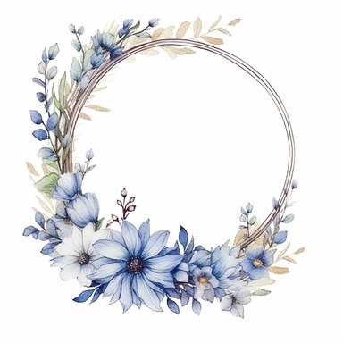 watercolor clipart of a empty suttle dainty floral oval frame surrounded by dusty blue color flowers. Capture the essence of blooming beauty and intricate details in your artwork, white background