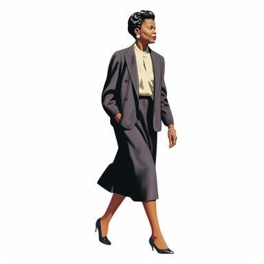 full profile arms and legs of flemmie pansy kittrell, usa black woman in dress, hair in low bun , black hair streaks grey, skirt and suit jacket American history, clipart
