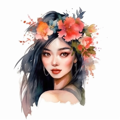 watercolor style, asian-origin girl with flowers on her head clipart, isolated on white background, hd