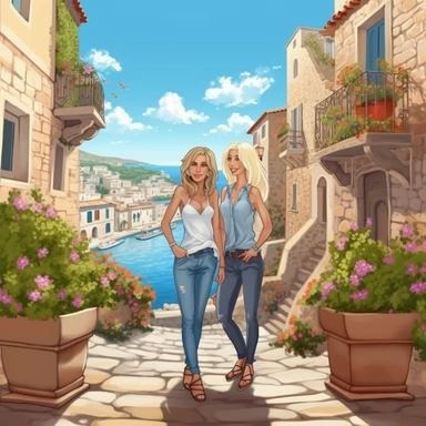 panoramic view, full view, landscape, two beautiful older middle-aged female best friends, one with long blonde hair and one with short blonde hair, same height, posing, smiling, beautiful faces, along a cobblestone walkway in a beautiful mediterranean town with view of beautiful blue water, cascading bougavanelia, beautiful summer day, illustration clipart, photo realistic, romantic, fantasy, ethereal, sharp focus, high detail, (--iw 5)