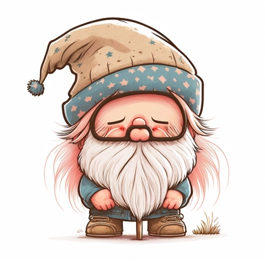 cute chibi happy gnome with big white beard, wearing spike hat, hat is covering the eyes, clipart, line art, in the style of Anni Betts + Christine Battuz, watercolor illustration style 8k, png