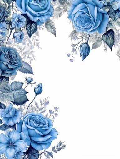 vintage beautiful victorian shabby chic high class blue roses corner frame on white background, blue theme, illustration, clipart