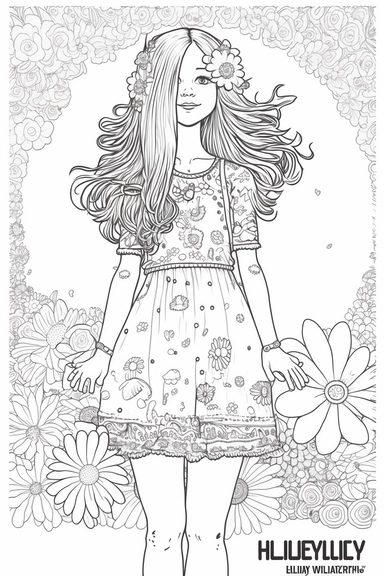 Hippie Girl Full body Clipart Flower Power, vector, illustration, cartoon, marvelous, black and white line art adult coloring page, highly detailed, white background