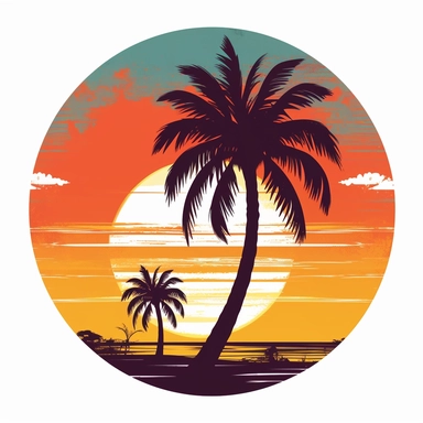 palm tree with sun in background, vector art, in the style of pop art, clipart, white background, rounded corners