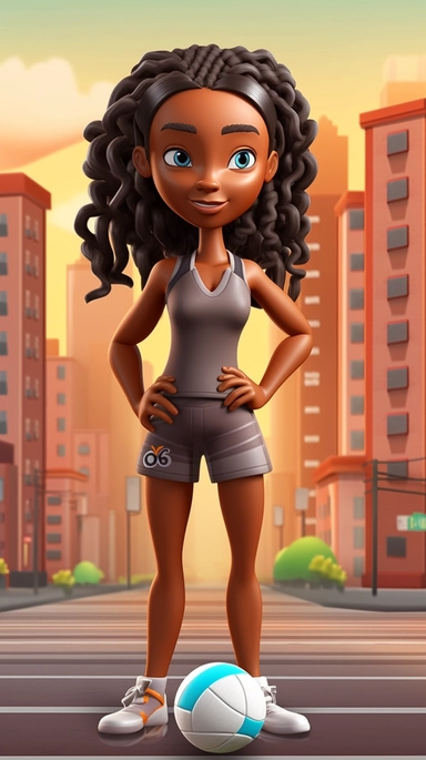 3D toy teenager black girl long braided hair wearing a girls volleyball outfit holding volleyball in hands in the style of boondocks clipart, graphic vector, isolated on a urban city background