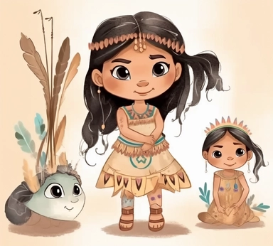 cute adorable little Native American princess character watercolor clipart, full body, disney, pixar