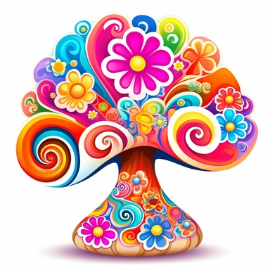 Clipart white background: Let your artistic energy flow and create a groovy clipart of a mushroom with psychedelic spiral patterns and a retro-inspired color scheme