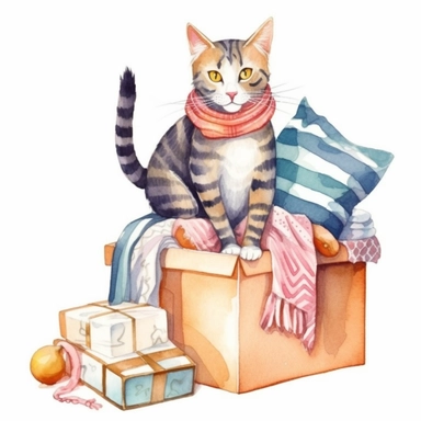 Beautiful watercolor clipart of a playful cat with a cardboard box, capturing the elegance and grace of felines, with intricate colors and details, perfect for a book cover, whimsical and charming, high-quality illustration, hand-painted with care, sophisticated and stylish.