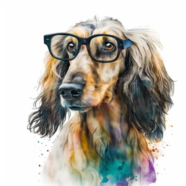 a watercolor painting of a Afghandog Hound COOL with glasses, clipart, white background