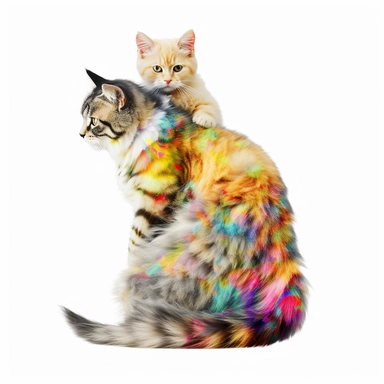baby cat on back of adult female cat, clipart, bright colors, isolated white background
