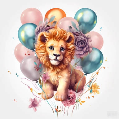 a detailed very colorful vector Clipart image sticker of a beautiful majestic magical floral baby lion holding balloons with a white background, pastel light colors, fall colours, gold ropes, photorealistic,cinematic, Cinematic, Color Grading, Editorial Photography, Photography, Photoshoot, Shot on 70mm, Ultra-Wide Angle, Depth of Field, DOF, Tilt Blur, Shutter Speed 1/1000, F/22, Gamma, White Balance, Neon, Light, Dark, Light Mode, Dark Mode, High Contrast, 5D, Multiverse, 32k, Super-Resolution