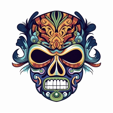 isolated flat clipart on a white background of a spooky day of dead themed voodoo mask tshirt design graphic, in the style of daniel f. gerhartz, transcendent, nikon d850, art of burma, captures the essence of nature, in the style of organic forms and patterns, expansive skies, hyper-detailed illustrations, i can't believe how beautiful this is, lively colors