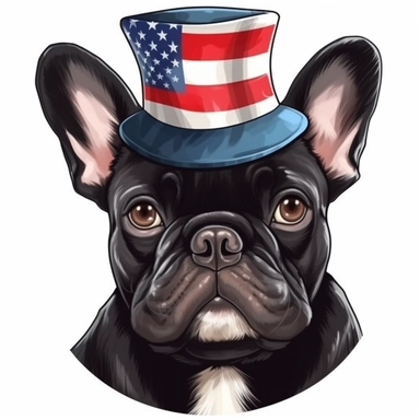 sticker, white background, black pround french bulldog, in style Independence Day in usa, hat with an american flag, clipart