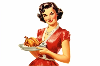 1950s Pin up girl with turkey, thanksgiving watercolor clipart