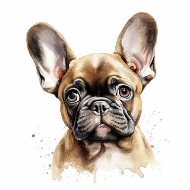 french bulldog puppy looking to the side, watercolor illustration, clipart, head, hyper-realistic animal illustration, childlike, free brushwork, white background