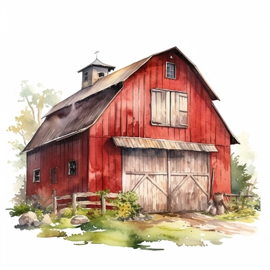 A traditional red barn with a weathered appearance, showcasing the iconic symbol of a farm, light watercolor, watercolor splash, few details, Studio Ghibli, clipart, white background