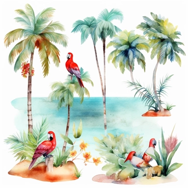 Tropical island beach clipart set isolated on white, watercolor, turquoise, red parrot, - - no photograph