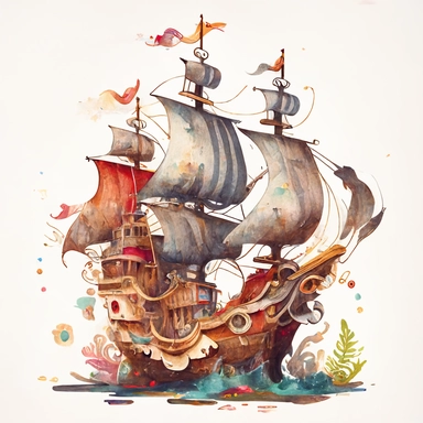 children's book illustration of a pirate galleon, smooth watercolor details, in the style of Pixar, superb color, outline, nursery art, popular on pinterest, clipart, trending on artstation, minimalist, flat design, white background, insane deails, intricate details 3587482474