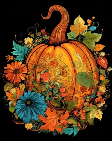 one pumpkin clip art, in the style of collage-style mixed media, bold yet graceful, by dr suess in colors for each section of the pumpkin is a different colored carsten holler, leaf patterns, edwin lord weeks, hand lettering, michael hutter