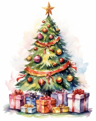 create a high quality watercolor clipart of a dreamy christmas tree with presents underneeth on the white background. The image needs to be high resolution.