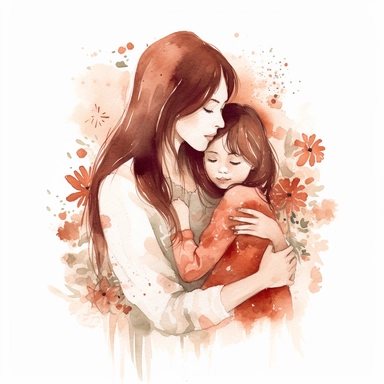 a watercolor drawing of Mother hugging her little daughter, watercolor clipart, hearts, floral, no text, solid white background