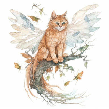 a beautiful cat with angel wings on it back, made from tree branches, clipart, white background, watercolor, Art Nouveau, highly detailed