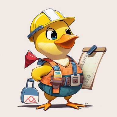 yellow duck wearing safety vest, hard hat, and badge holding a clip board And tape measure in cartoon style