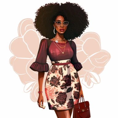 stunningly beautiful full body afican american woman clipart with voluminous curly hair wearing a fashion nova outfit??, fashionable, isolated design, clipart image inspired by Hui Mu