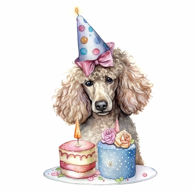 clip art, a poodle wearing a party hat and eating cake, birthday, isolated on a white background