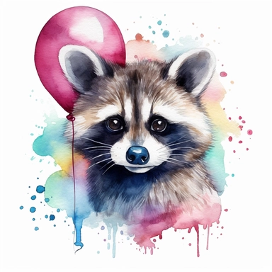 please create watercolor clipart of a raccoon smiling, wearing party BALOONS AND GUM and bubbles, colorful, WHITE BACKGROUND