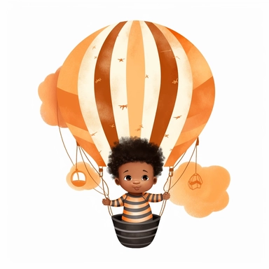 a cute black baby boy in a hot air balloon, newborn infant, afro, dark orange and cream colors, watercolor clipart illustration