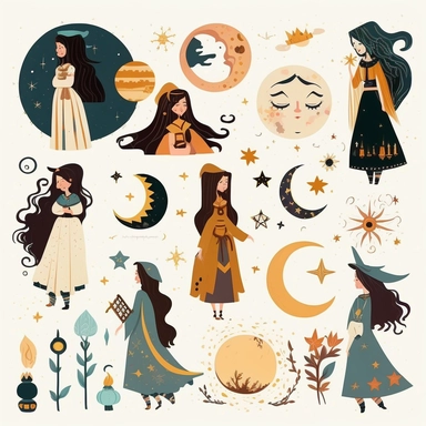 Magic Girl Clipart, Medieval Girl Clipart, Celestial Woman, Mystic Clipart, Moon Clipart, a Zodiac girls wizard on white. Flat vector illustration