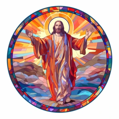 A stained glass window depicted Jesus’ transfiguration on a background of white, in the style of reimagined religious art, prismatic portraits, sketchfab, tondo, uhd image, clipart, circular shape,