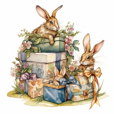 insanely beautiful pile of 3 gift packages , in the style of beatrice potter and jody Bergsma,32k uhd, hand-painted details, pastoral illustrations, amazing colour combinations , aquarellist, hd , white background clipart ,-- no watermark--ar 27:37