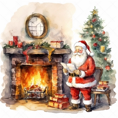 Clipart on White Backgraund Traditional Red Santa Claus Checking His List Panel by the fireplace near big Christmas tree Water color