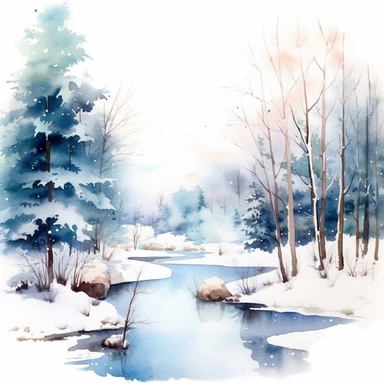paint a serene winter landscape with snow-covered trees watercolor clipart, a frozen pond, and a soft blue sky. Add elements like ice skaters, snowflakes, or a horse-drawn sleigh for a picturesque touch, on a white background