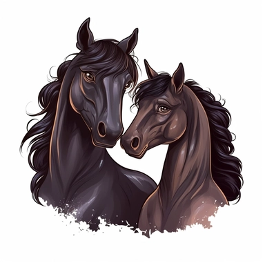 Cartoon black horse couple love portrait clipart, anime, high detail, illustration style, high solution, on the white background