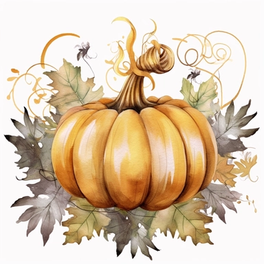 Watercolor pastel boho pumpkin with gold ornate watercolor sitting on pumpkin leaves white background. clipart