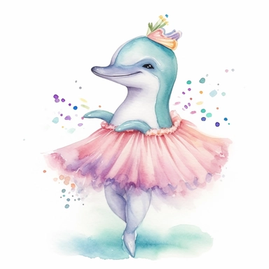 please create watercolor clipart of a dolphin, smiling, full body view wearing party prop ballet skirt and tiara, colorful